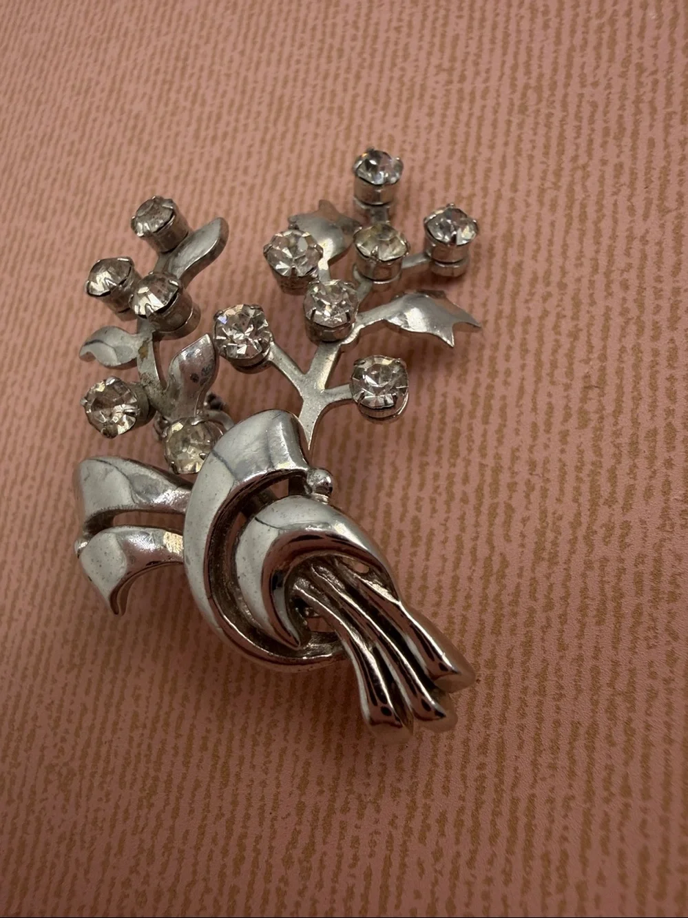 Vintage Karu‎ Rhinestone Floral Spray Brooch Silver Tone Bouquet Pin Mid Century